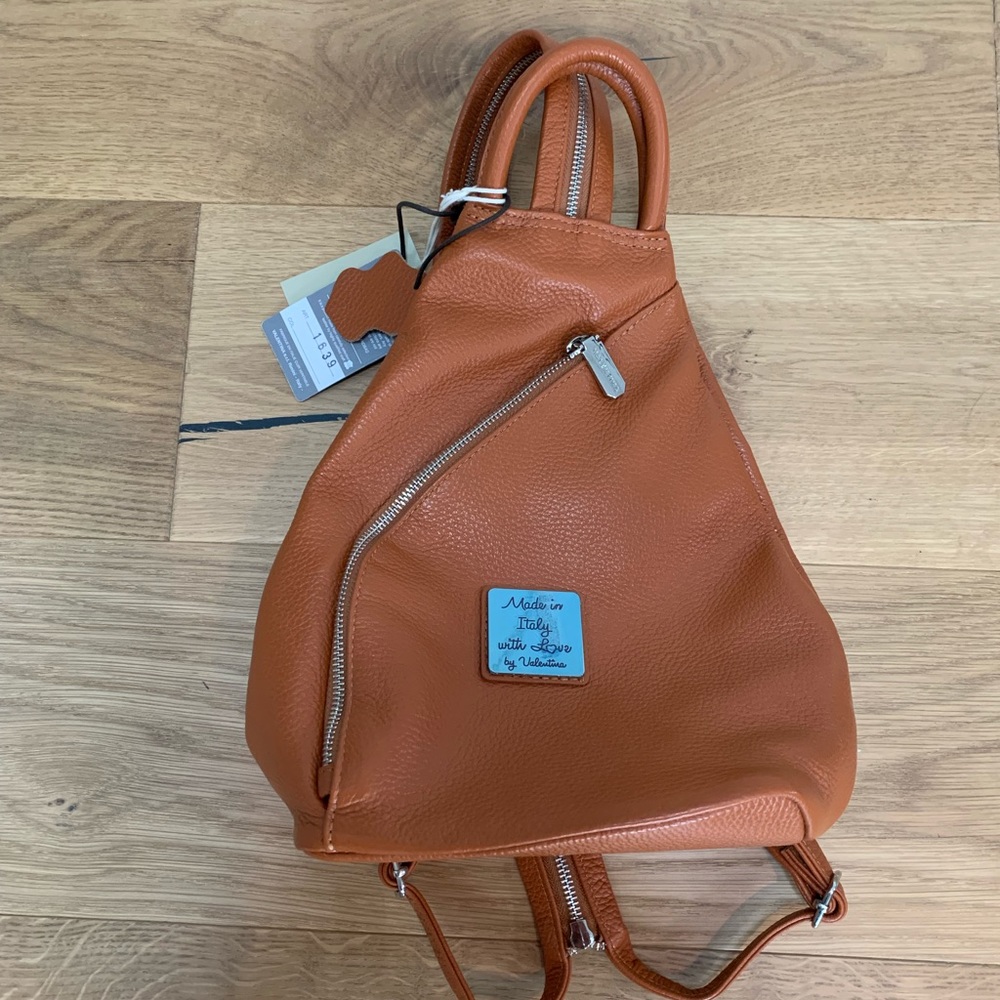 Valentina Italia Bag Italian Pebbled Leather Sling Backpack Amber Brown